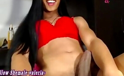 slender transgirl in red lingerie wanks off her big dick on webcam