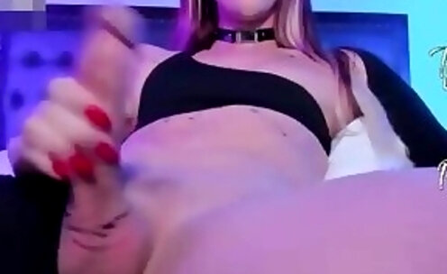 skinny teen shemale jerks off her big massive cock on webcam