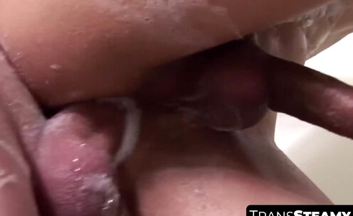 Dick cherishing tranny takes an enormous beating inside the restroom