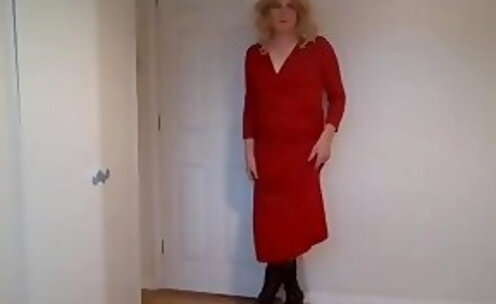 Red dress, black boots, no panties