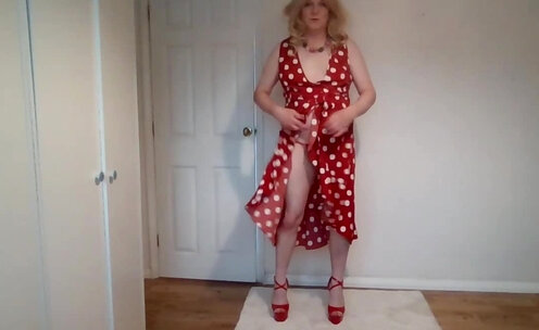 Red dress, high heels and G-string round my ankles