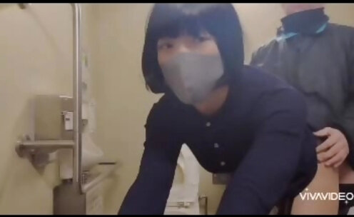 Japanese crossdresser Mai touched and fucked in toilet