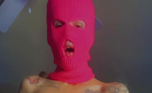 Jerking off and busting a nut in a pink ski mask