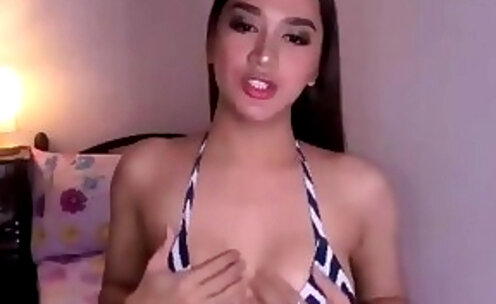 Big tits Asian trans masturbates on webcam