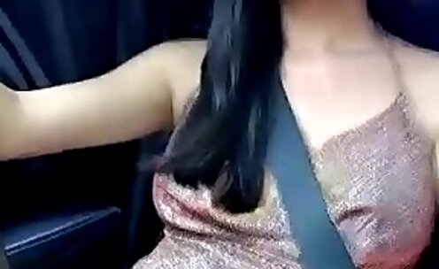 big tits thailand shemale strokes her cock in the car