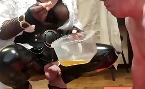 Piss and food play for dirty slave