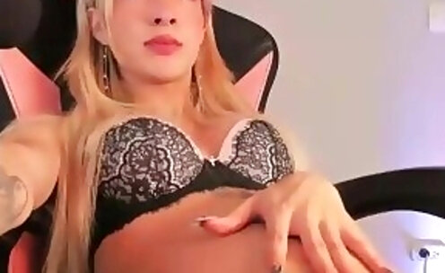 petite trans cutie in lingerie tugs her big cock on cam