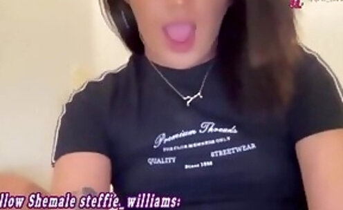 slim shemale brunette with tattoos jerks on webcam